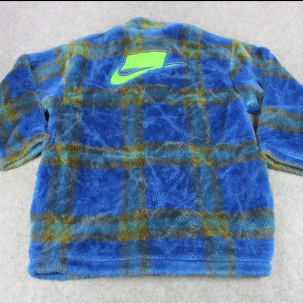 Blue & Green Oversized Faux Fur Plaid Button Front Pea Coat - Picture 13 of 16